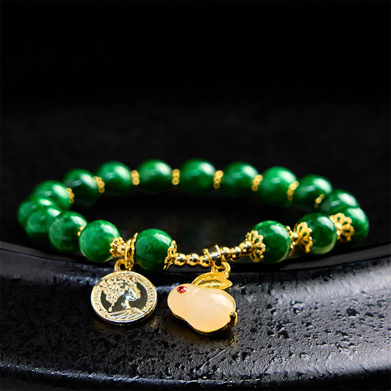 Bracciale Buddha Stones con ciondolo a forma di coniglio in calcite verde e chiarezza