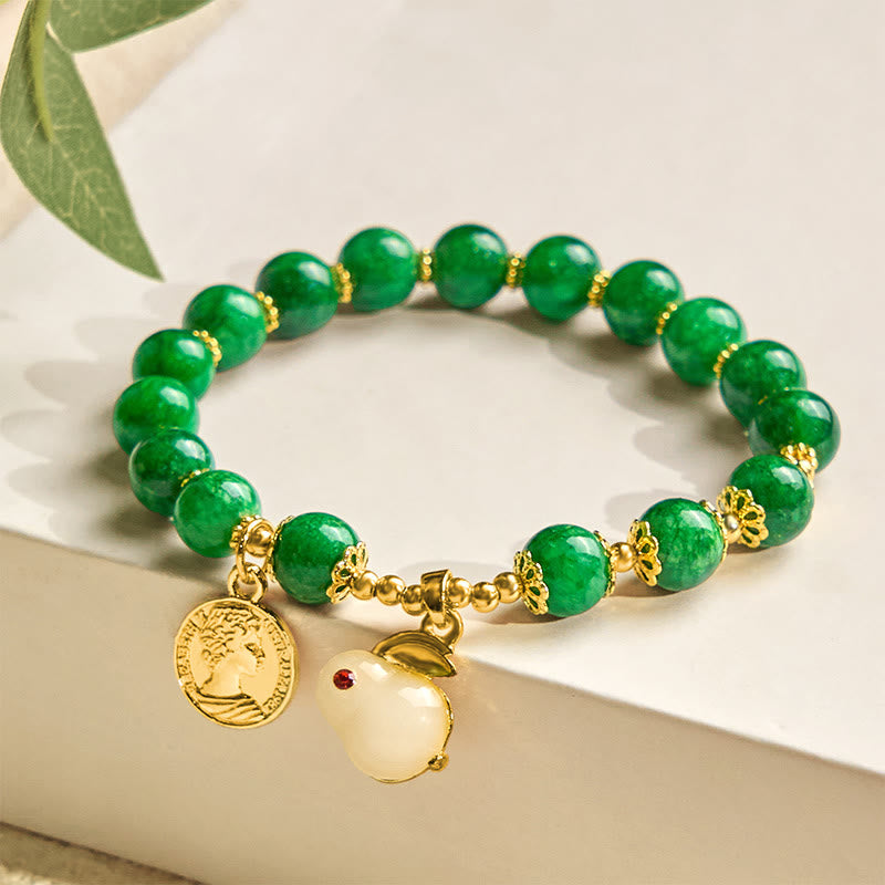 Bracciale Buddha Stones con ciondolo a forma di coniglio in calcite verde e chiarezza