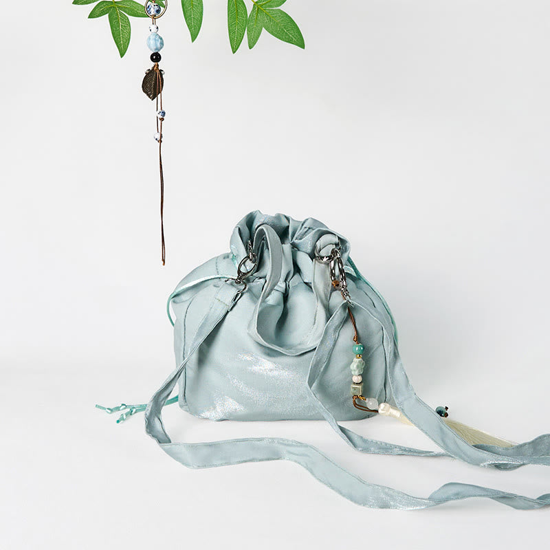 Borsa a tracolla in tela con Buddha Stones ricamate, fiori verdi, foglie e fiori