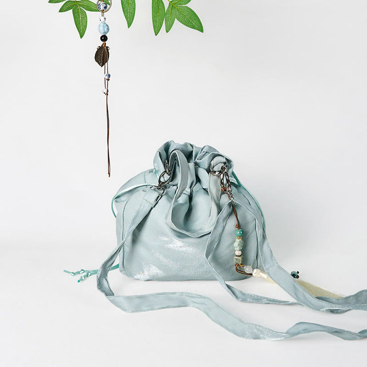 Borsa a tracolla in tela con Buddha Stones ricamate, fiori verdi, foglie e fiori