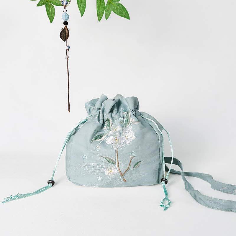 Borsa a tracolla in tela con Buddha Stones ricamate, fiori verdi, foglie e fiori