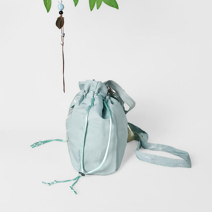 Borsa a tracolla in tela con Buddha Stones ricamate, fiori verdi, foglie e fiori