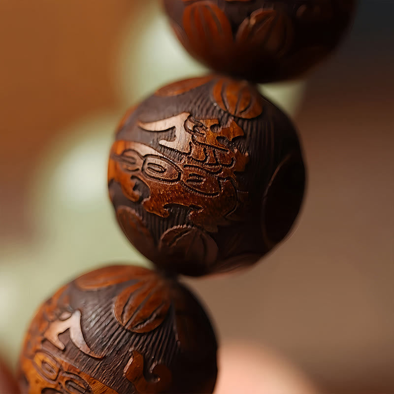Braccialetto di cura Buddha Stones e incisione su legno di Sappan, carattere Pixiu Fu