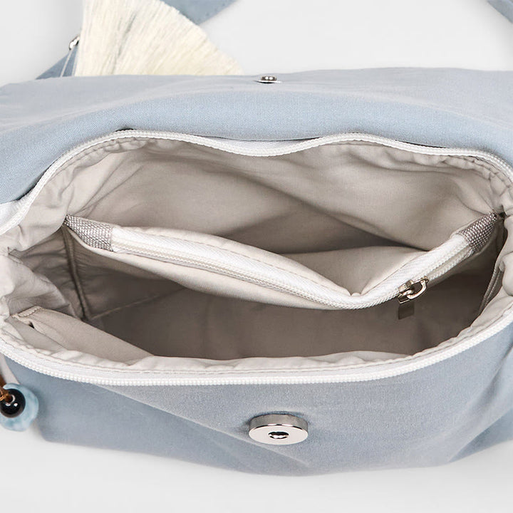 Borsa a tracolla in cotone e lino Epiphyllum azzurro chiaro ricamata con Buddha Stones