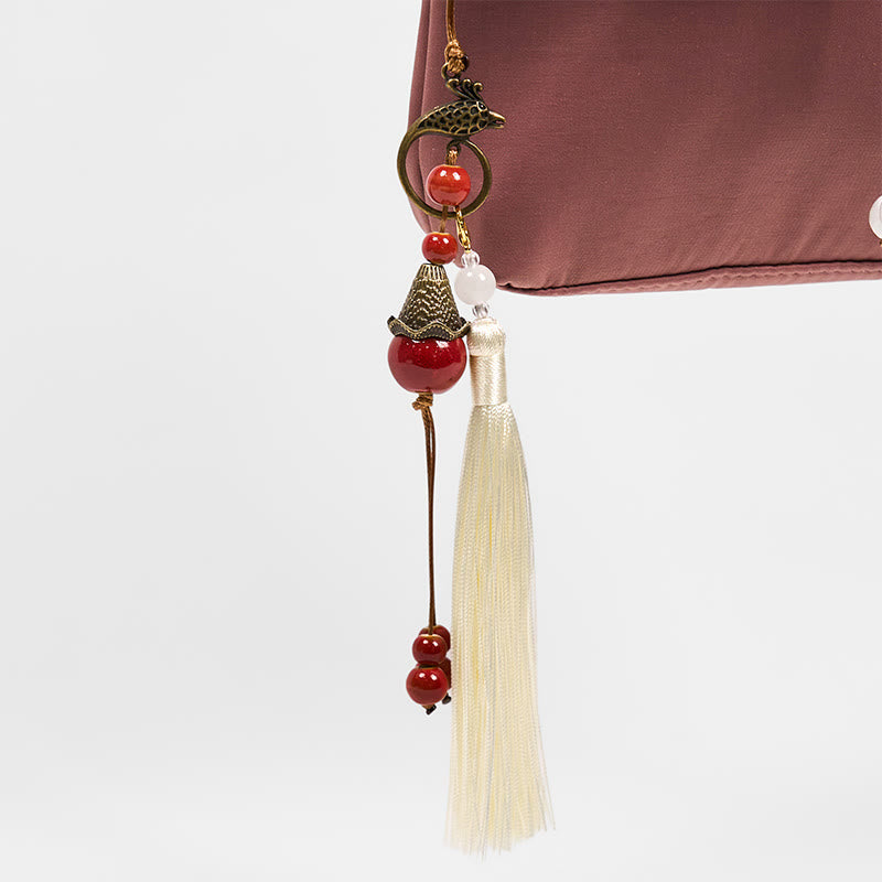 Borsa a tracolla in cotone e lino con tracolla in prugna Bossom ricamata marrone Buddha Stones