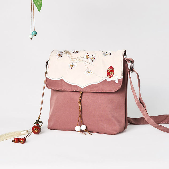 Borsa a tracolla in cotone e lino con tracolla in prugna Bossom ricamata marrone Buddha Stones