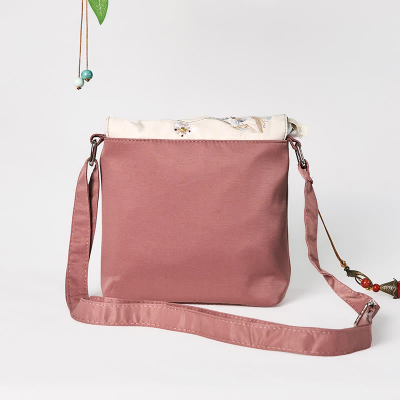 Borsa a tracolla in cotone e lino con tracolla in prugna Bossom ricamata marrone Buddha Stones