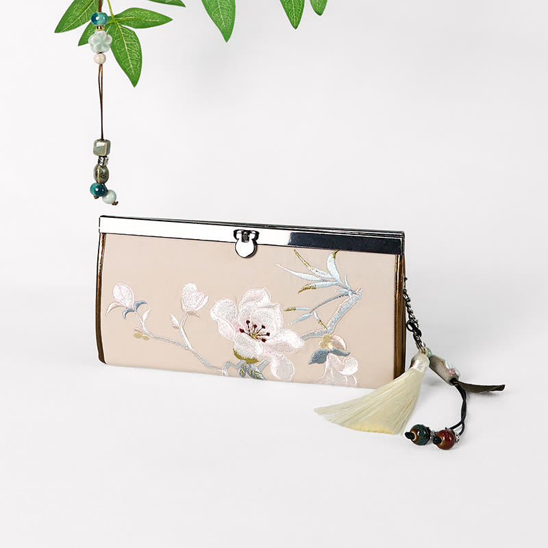 Portafoglio porta contanti di grande capacità, con ricamo bifacciale, motivo Buddha Stones Magnolia Flower, borsa per la spesa