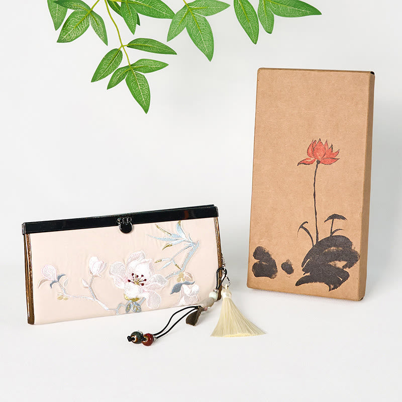 Portafoglio porta contanti di grande capacità, con ricamo bifacciale, motivo Buddha Stones Magnolia Flower, borsa per la spesa