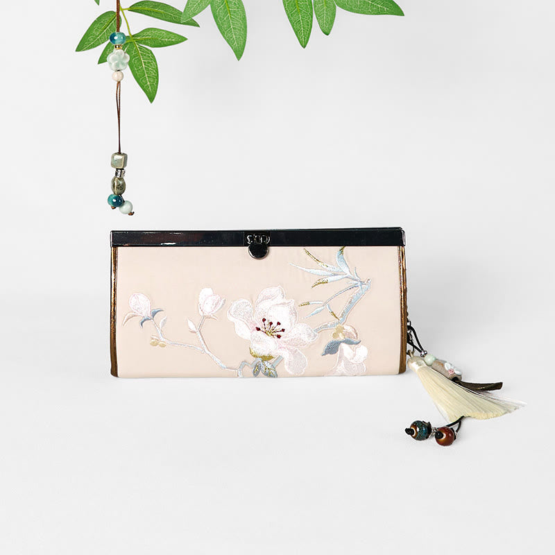 Portafoglio porta contanti di grande capacità, con ricamo bifacciale, motivo Buddha Stones Magnolia Flower, borsa per la spesa