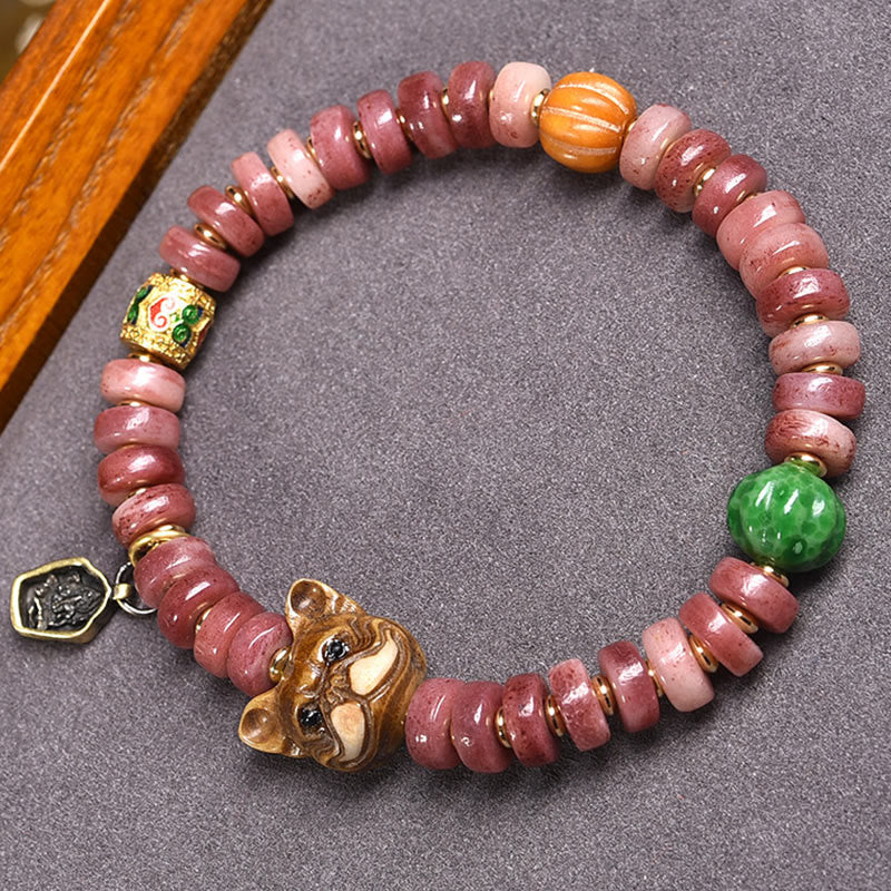 Braccialetto portafortuna Pug con perline di sangue viola in osso di cammello tibetano naturale Buddha Stones