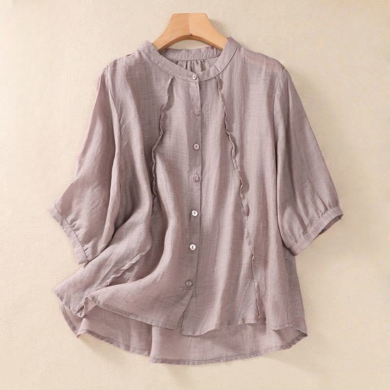 Cardigan da donna in cotone e lino con maniche a tre quarti, casual, quotidiano, con bottoni, modello arricciato, colletto alto, Buddha Stones - Cardo - US8-10, UK/AU12-14, EU40-42 (2XL) - image 0