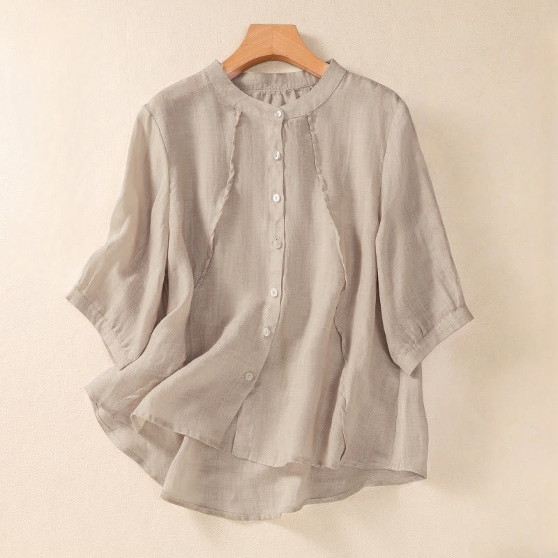 Cardigan da donna in cotone e lino con maniche a tre quarti, casual, quotidiano, con bottoni, modello arricciato, colletto alto, Buddha Stones - Abbronzatura - US8-10, UK/AU12-14, EU40-42 (2XL) - image 7
