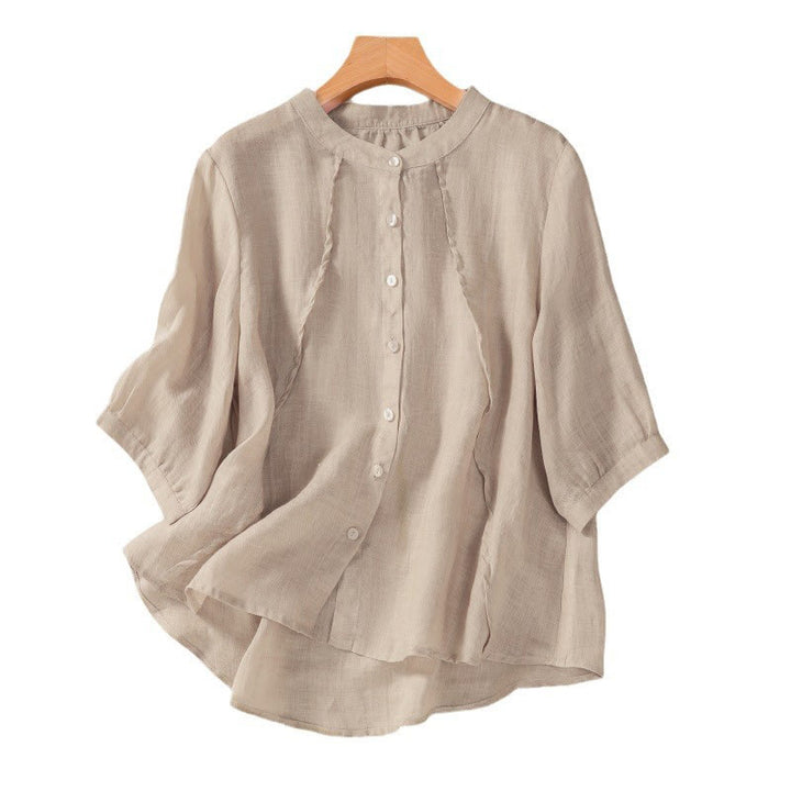 Cardigan da donna in cotone e lino con maniche a tre quarti, casual, quotidiano, con bottoni, modello arricciato, colletto alto, Buddha Stones - image 14