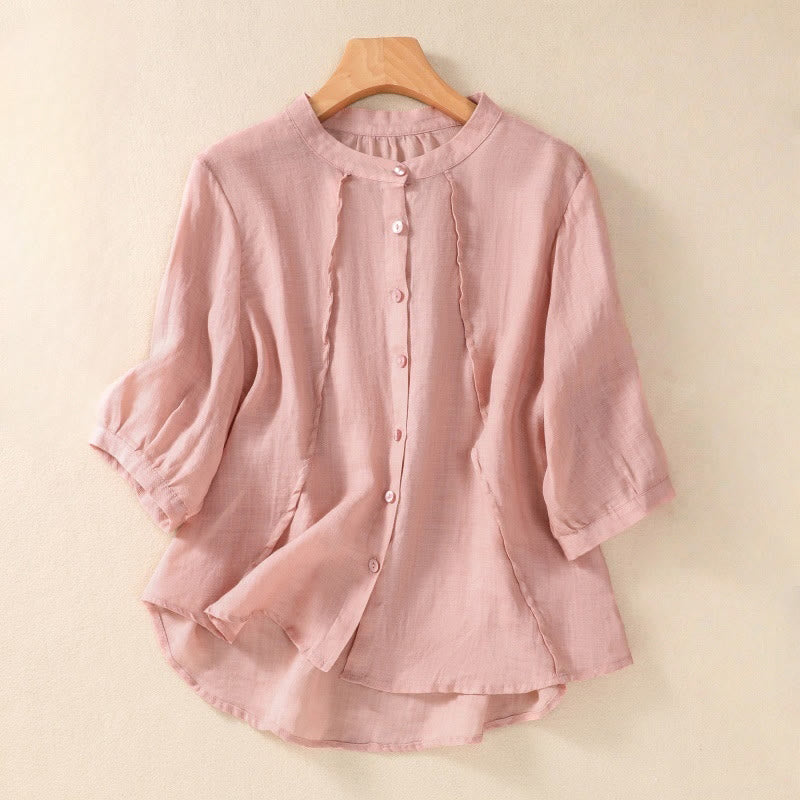 Cardigan da donna in cotone e lino con maniche a tre quarti, casual, quotidiano, con bottoni, modello arricciato, colletto alto, Buddha Stones - Rosa chiaro - US8-10, UK/AU12-14, EU40-42 (2XL) - image 23