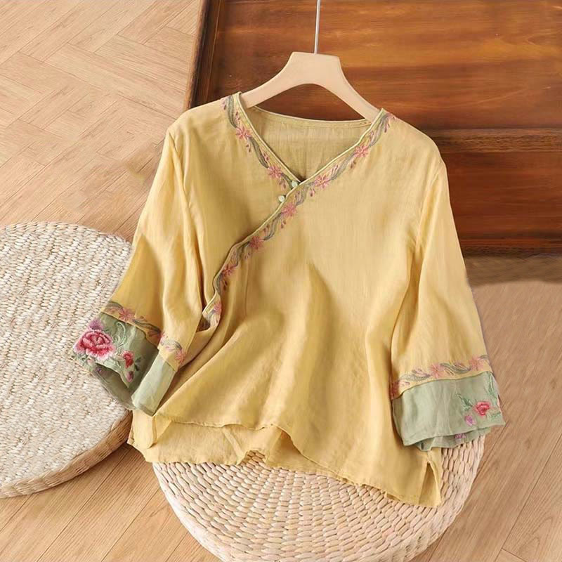 Camicia da donna in cotone con maniche a tre quarti, motivo Buddha Stones Spring Retro, ricamo con bottoni - Cachi - US14, UK/AU18, EU46 (4XL) - image 5