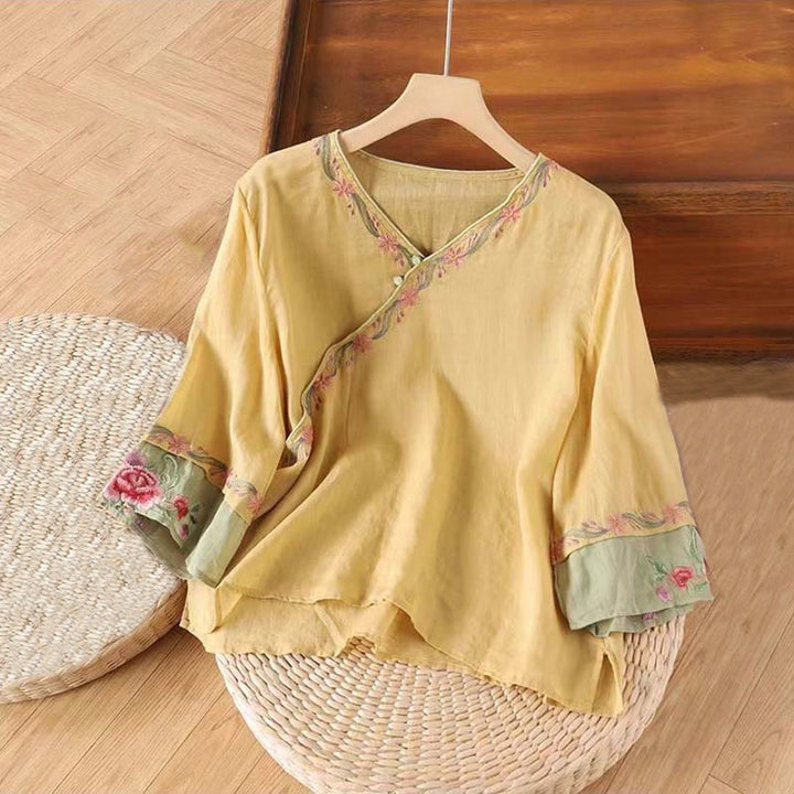 Camicia da donna in cotone con maniche a tre quarti, motivo Buddha Stones Spring Retro, ricamo con bottoni - Cachi - US14, UK/AU18, EU46 (4XL) - image 5