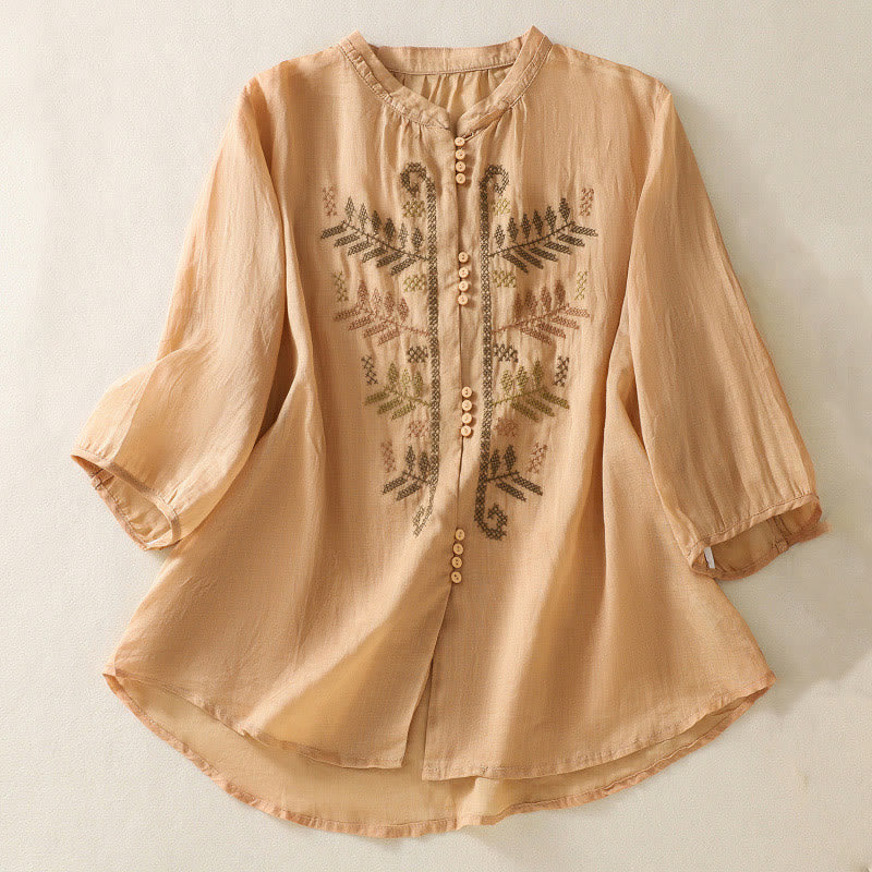 Cardigan casual da donna in cotone e lino con maniche a tre quarti, motivo a foglie e ricami artistici Buddha Stones - Arancia - US8-10, UK/AU12-14, EU40-42 (2XL) - image 0