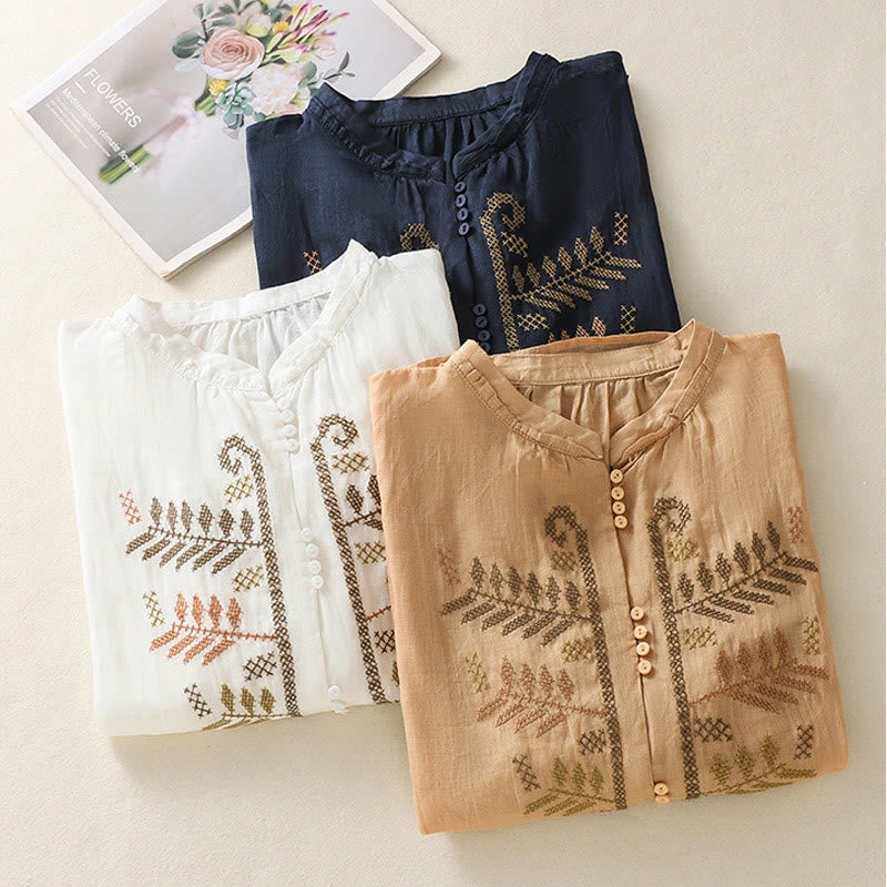 Cardigan casual da donna in cotone e lino con maniche a tre quarti, motivo a foglie e ricami artistici Buddha Stones - image 23
