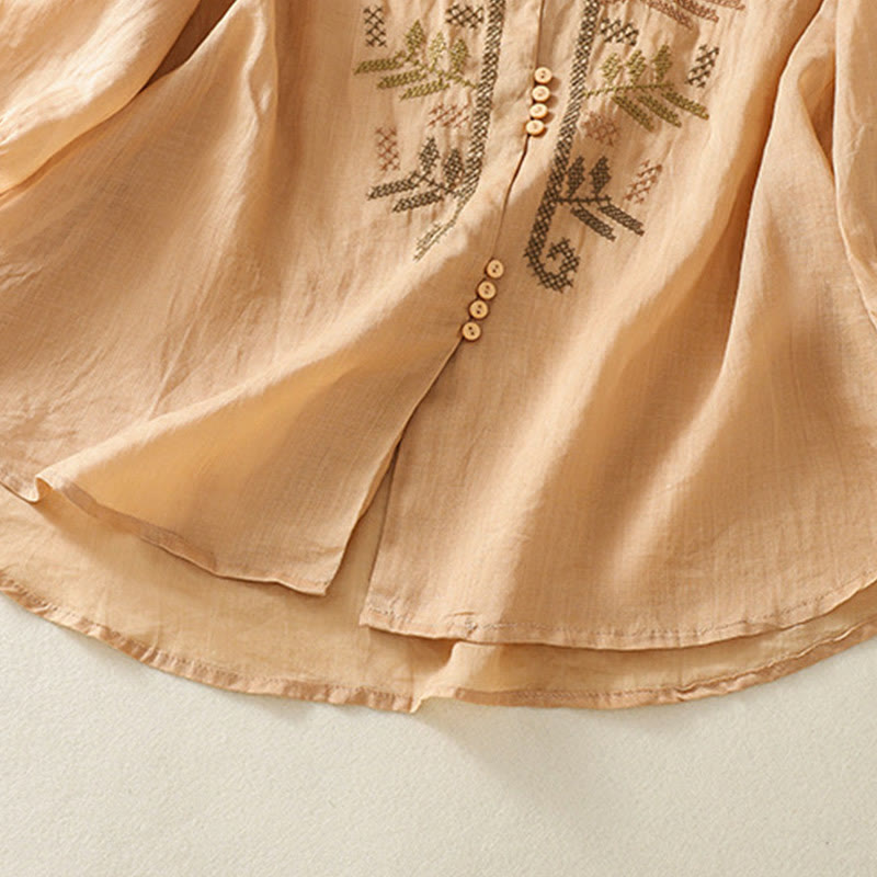 Cardigan casual da donna in cotone e lino con maniche a tre quarti, motivo a foglie e ricami artistici Buddha Stones - image 7