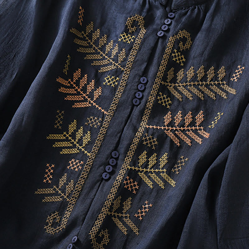 Cardigan casual da donna in cotone e lino con maniche a tre quarti, motivo a foglie e ricami artistici Buddha Stones - image 12
