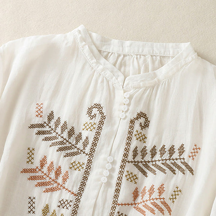 Cardigan casual da donna in cotone e lino con maniche a tre quarti, motivo a foglie e ricami artistici Buddha Stones - image 15