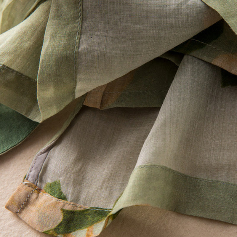 Cardigan a maniche lunghe in cotone e lino da donna, con stampa artistica casual verde chiaro, motivo floreale con rana cinese e bottoni, motivo Buddha Stones - image 14