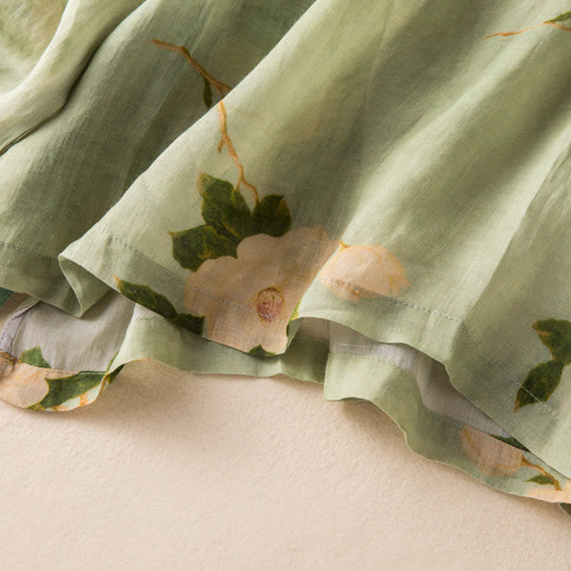 Cardigan a maniche lunghe in cotone e lino da donna, con stampa artistica casual verde chiaro, motivo floreale con rana cinese e bottoni, motivo Buddha Stones - image 15