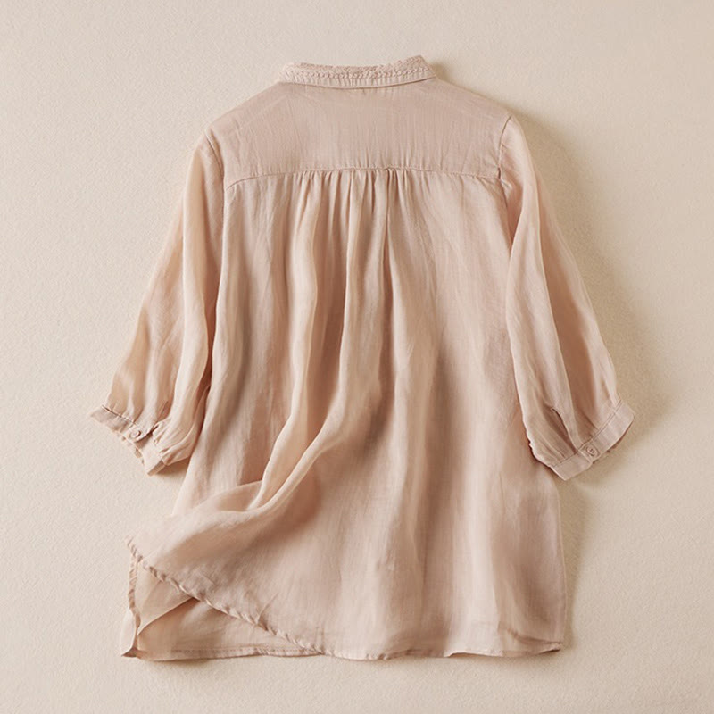 Camicia da donna in cotone e lino a mezza manica, stile vintage estivo casual con bottoni ricamati, colore puro, motivo Buddha Stones - image 1