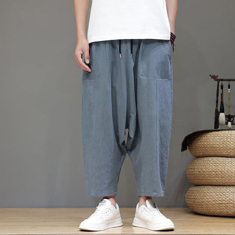 Pantaloni da uomo in cotone con elastico in vita, gamba larga, con coulisse, modello Buddha Stones, casual, tinta unita, cavallo basso, tasche
