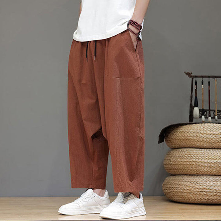 Pantaloni da uomo in cotone con elastico in vita, gamba larga, con coulisse, modello Buddha Stones, casual, tinta unita, cavallo basso, tasche