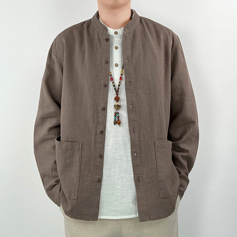 Camicia da uomo in cotone e lino ramiè casual tinta unita Buddha Stones con tasche