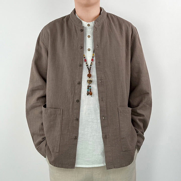 Camicia da uomo in cotone e lino ramiè casual tinta unita Buddha Stones con tasche