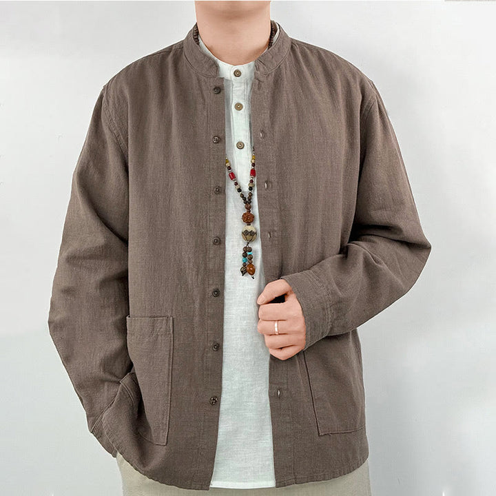Camicia da uomo in cotone e lino ramiè casual tinta unita Buddha Stones con tasche