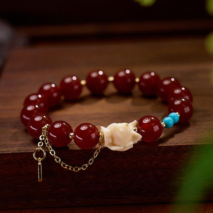Bracciale Buddha Stones , Volpe a nove code, Gioia, Agata rossa, Avorio, Frutto, Rame, Placcato oro, Fiducia