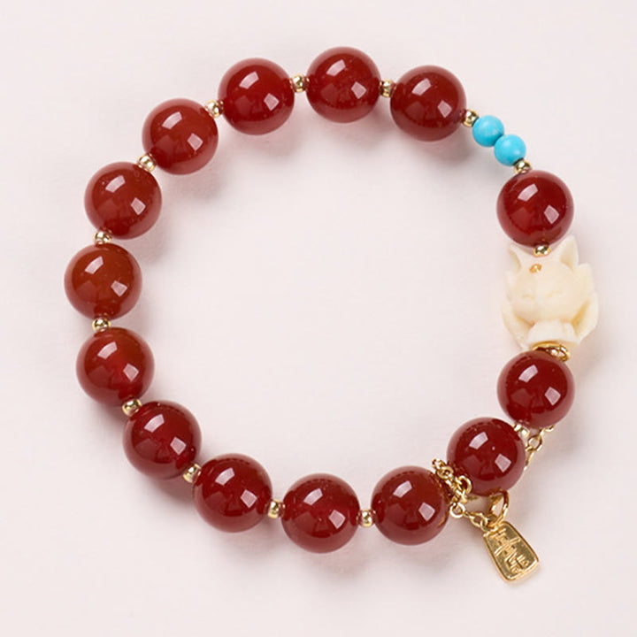 Bracciale Buddha Stones , Volpe a nove code, Gioia, Agata rossa, Avorio, Frutto, Rame, Placcato oro, Fiducia