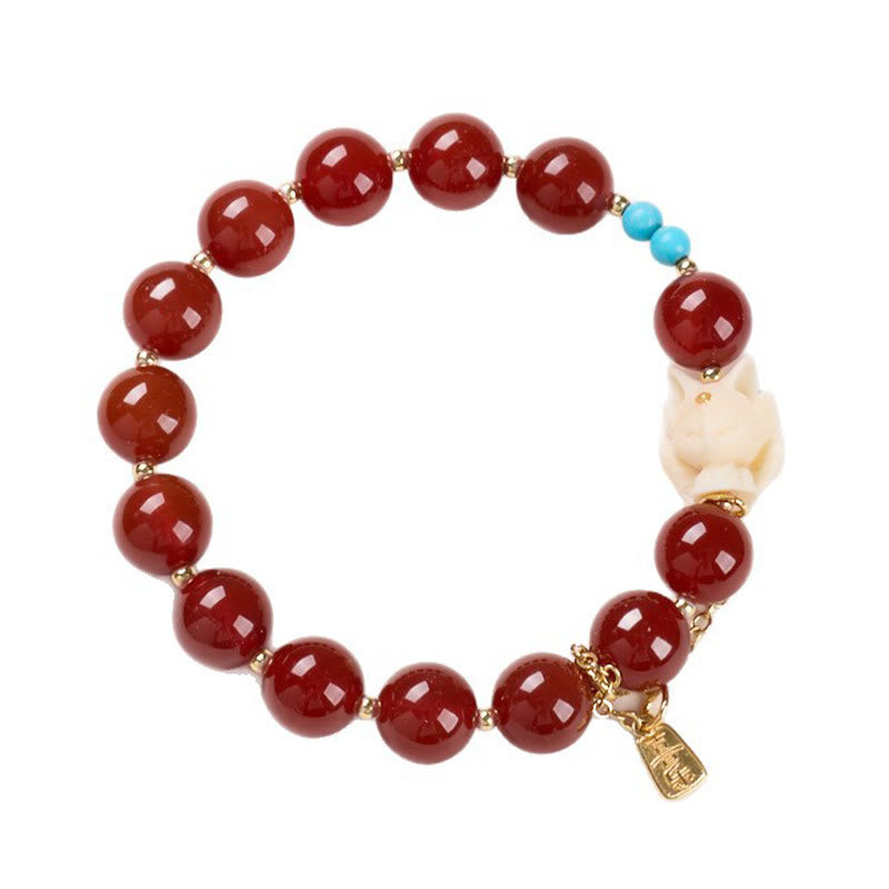 Bracciale Buddha Stones , Volpe a nove code, Gioia, Agata rossa, Avorio, Frutto, Rame, Placcato oro, Fiducia