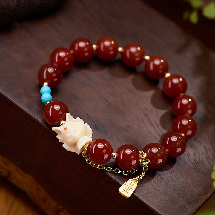 Bracciale Buddha Stones , Volpe a nove code, Gioia, Agata rossa, Avorio, Frutto, Rame, Placcato oro, Fiducia