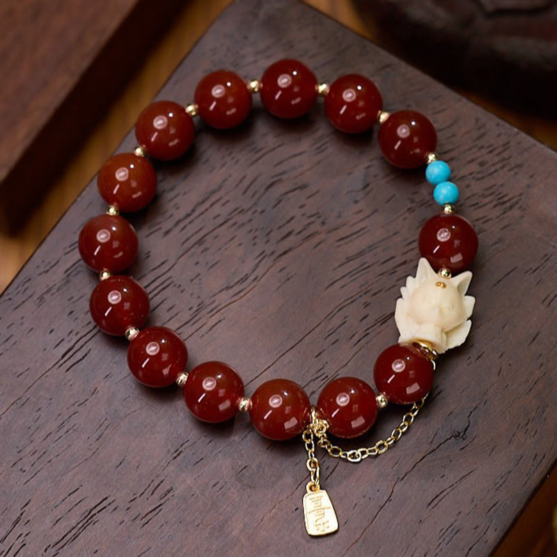 Bracciale Buddha Stones , Volpe a nove code, Gioia, Agata rossa, Avorio, Frutto, Rame, Placcato oro, Fiducia