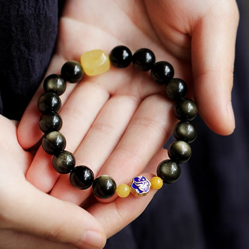 Bracciale Buddha Stones 925 Sterling Silver Zodiaco Cinese Buddha Natale Naturale Oro Lucentezza Ossidiana Ambra Protezione Ricchezza