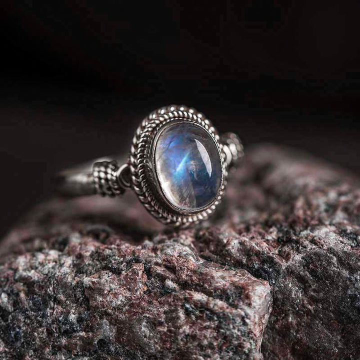 Anello positivo in argento sterling 925 con pietra di luna naturale Buddha Stones