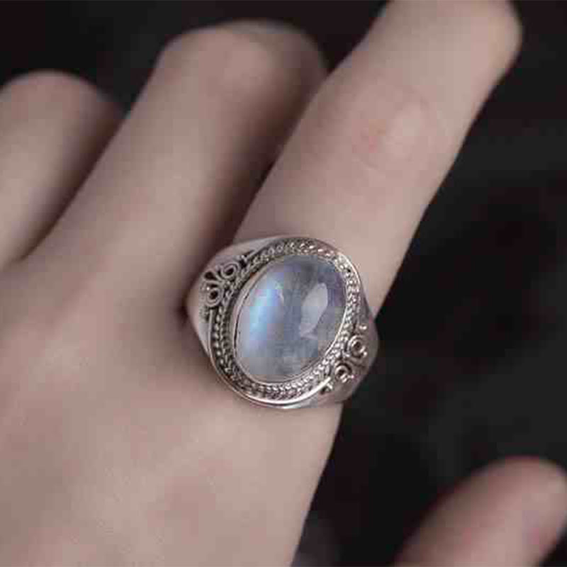 Anello regolabile con pietra di luna naturale in argento sterling 925 fatto a mano con Buddha Stones