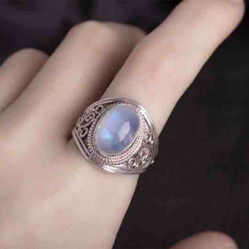 Anello regolabile con pietra di luna naturale in argento sterling 925 fatto a mano con Buddha Stones