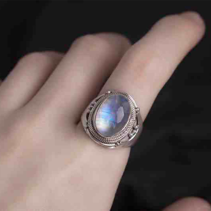 Anello regolabile con pietra di luna naturale in argento sterling 925 fatto a mano con Buddha Stones
