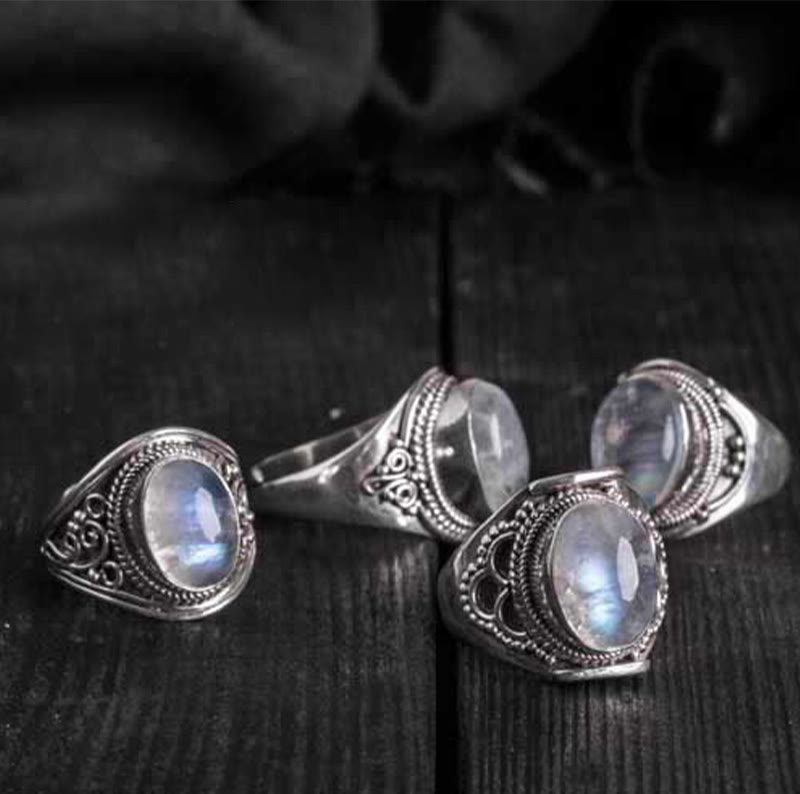 Anello regolabile con pietra di luna naturale in argento sterling 925 fatto a mano con Buddha Stones
