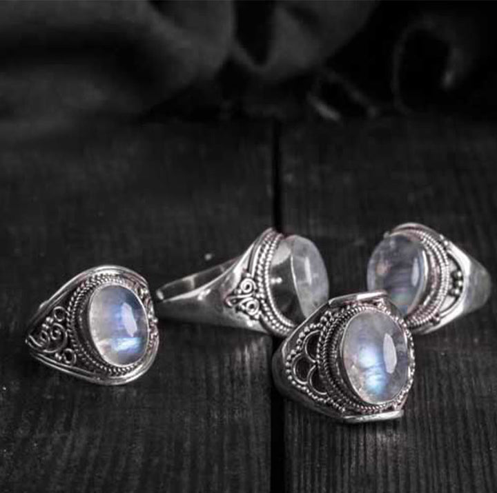 Anello regolabile con pietra di luna naturale in argento sterling 925 fatto a mano con Buddha Stones