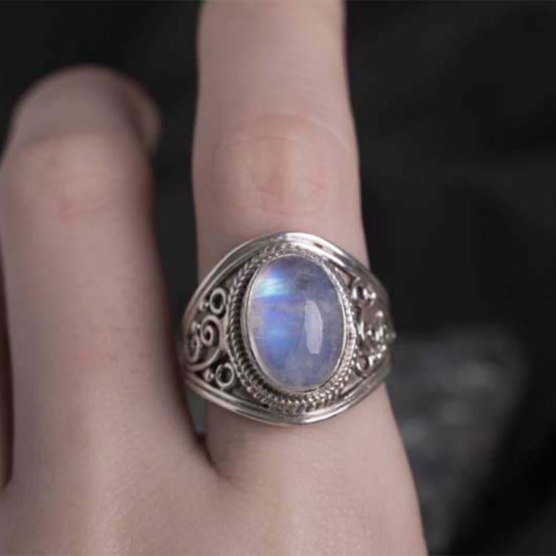 Anello regolabile con pietra di luna naturale in argento sterling 925 fatto a mano con Buddha Stones