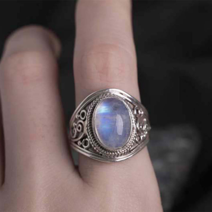 Anello regolabile con pietra di luna naturale in argento sterling 925 fatto a mano con Buddha Stones