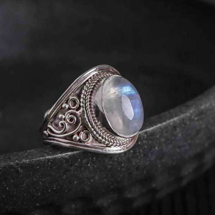 Anello regolabile con pietra di luna naturale in argento sterling 925 fatto a mano con Buddha Stones