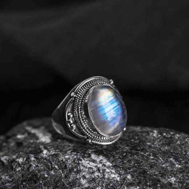 Anello regolabile con pietra di luna naturale in argento sterling 925 fatto a mano con Buddha Stones